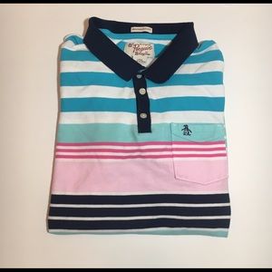 Penguin Original Polo Teal Blue Pink Slim Fit Sz L